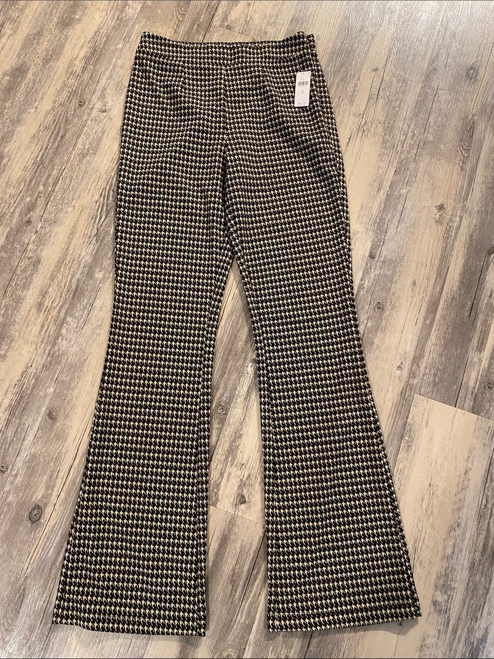 Anthropologie x Sanctury Houndstooth Flare Brown Tan Pants Size M TALL